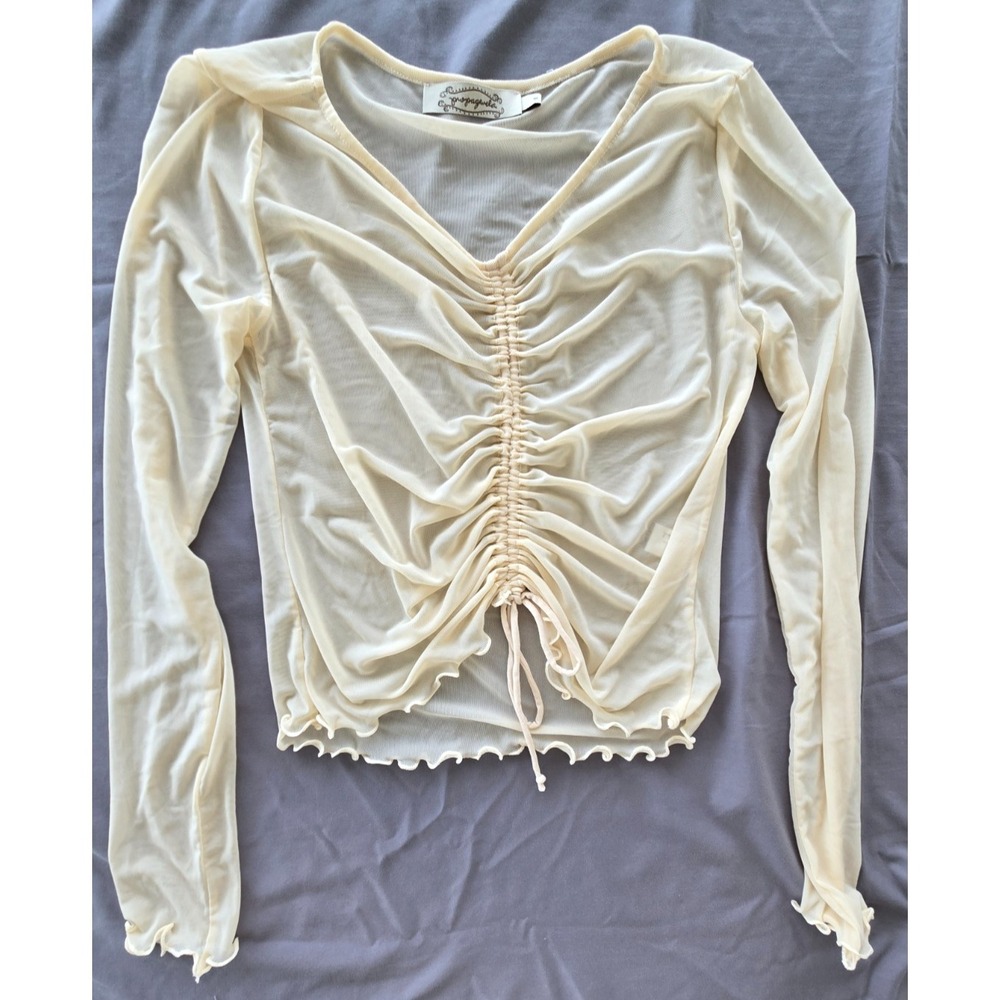Propaganda Mesh Pull Over Ruched Cinched Top Ivory Women Sz M Y2K Whimsy Festive - Picture 7 of 16